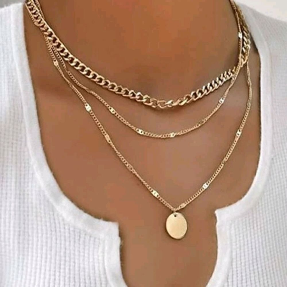 Chunky layered statement necklace set Boho gold plated chain link discs - Picture 3 of 4